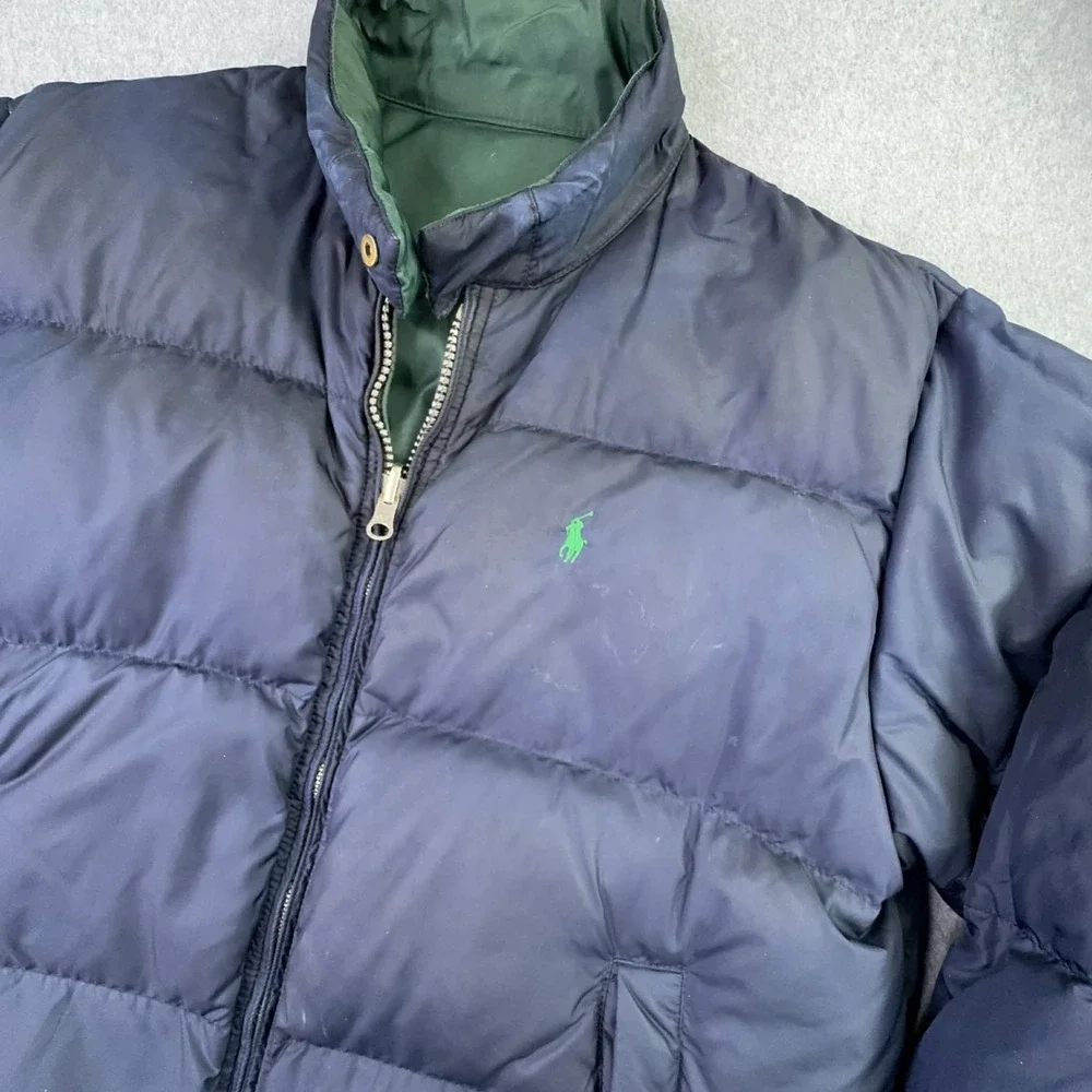 VTG 90s Polo Ralph Lauren Reversible Down Puffer Coat Men's M Green Navy Pony‎